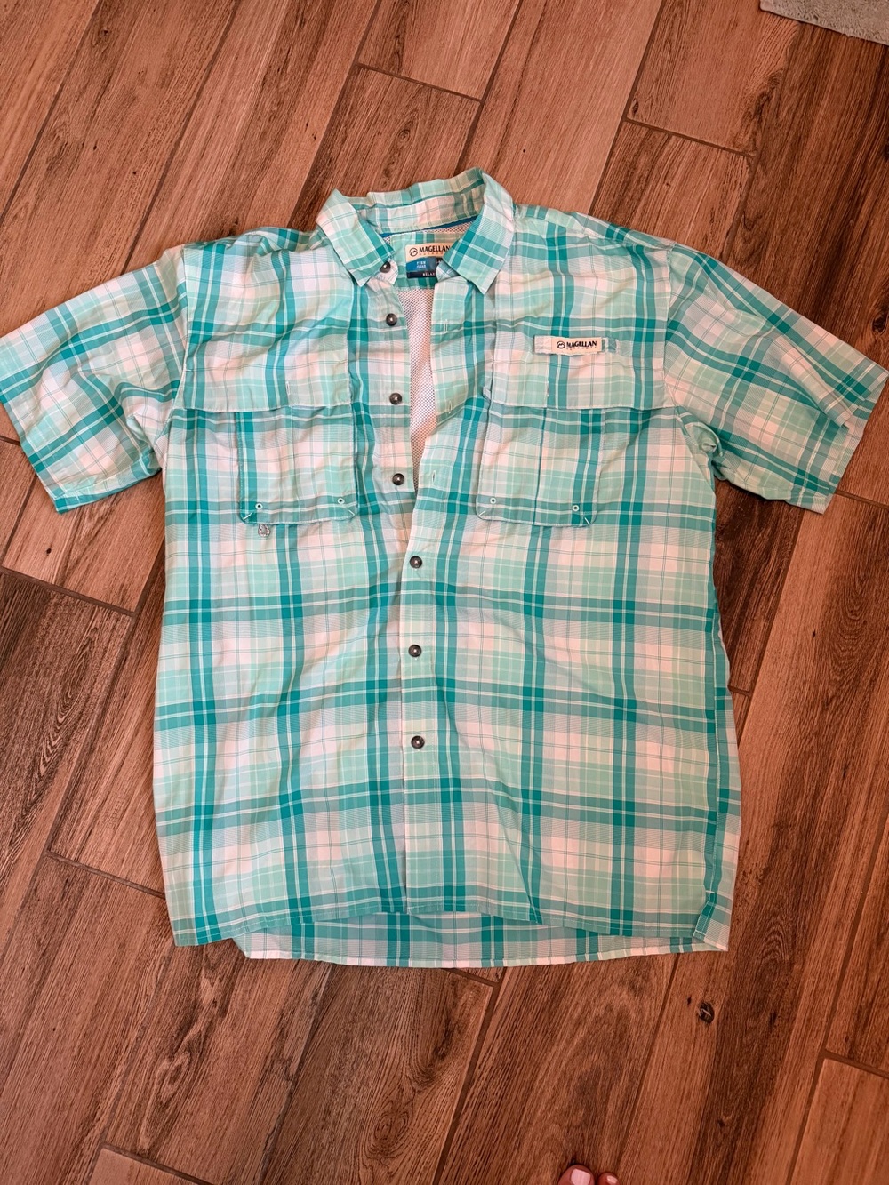 Magellan Outdoors Aqua Plaid Short-Sleeve Button-Up Shirt
